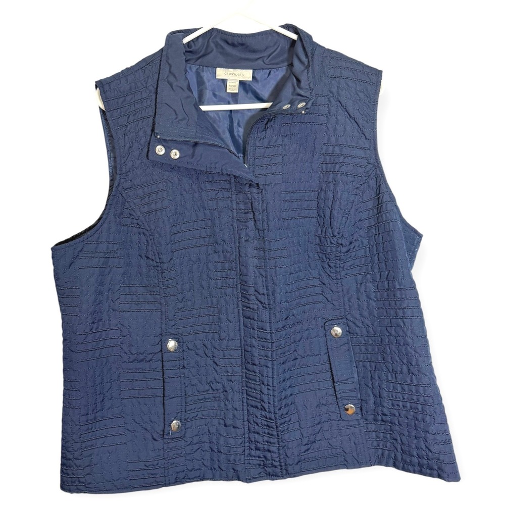 Dressbarn 18/20 Navy Blue Quilted Vest Mock Neck Snap Pockets Gorpcore Preppy